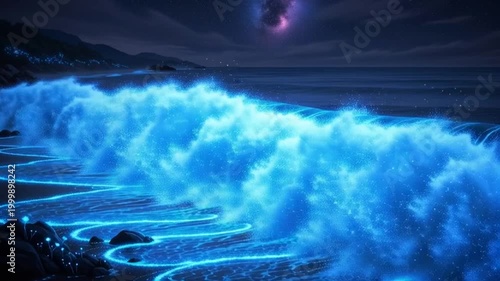 An abstract blue background featuring a dark starry sky and soft white clouds over a tranquil summer ocean horizon with ethereal sunlight