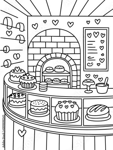 Sweet Shop Delights: A charming, hand-drawn illustration captures the essence of a bakery, displaying an array of delectable cakes and baked goods behind a glass counter.