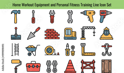 Illustration of tools and equipment for home workouts and personal fitness training in a line icon style