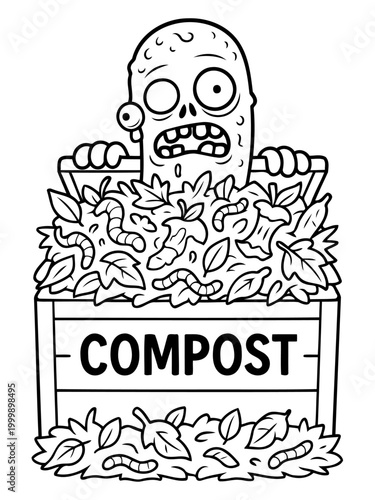 Compost Cartoon Character: A comical illustrated cartoon, a zombie rises from a compost bin filled with decaying leaves, bugs, and other organic matter, highlighting the essence of decomposition.