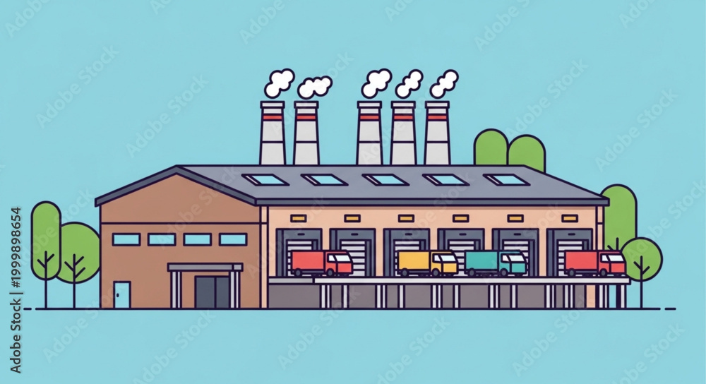 Fototapeta premium Industrial factory building with loading docks and trucks.