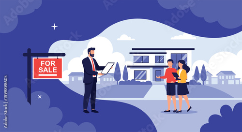 Professional real estate agent showing a modern house for sale to a young couple outdoors in a nice suburban neighborhood.