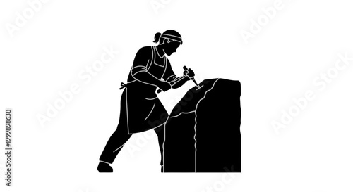 Bild auf Leinwand Woman Sculptor Carving Stone Statue Silhouette.