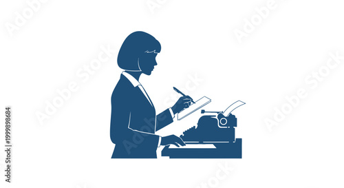 Woman Using Vintage Typewriter Silhouette.