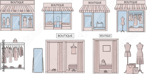 Boutique Storefront and Display Icon Set with Clothing Racks, Fitting Rooms, and Shopping Displays for Fashion Retail and E-commerce