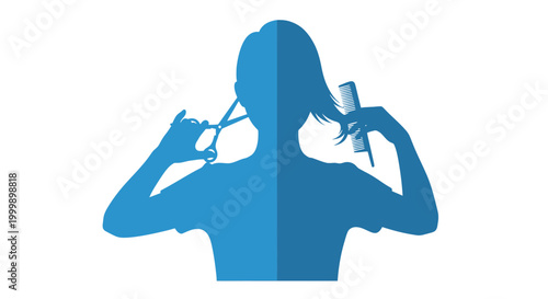 Woman Silhouette with Hair Cutting Scissors.