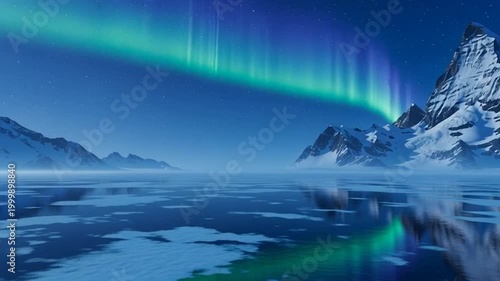 A serene winter mountain landscape featuring snow-capped peaks under a blue sky with soft sunlight reflecting off the calm water of a frozen lake at sunrise