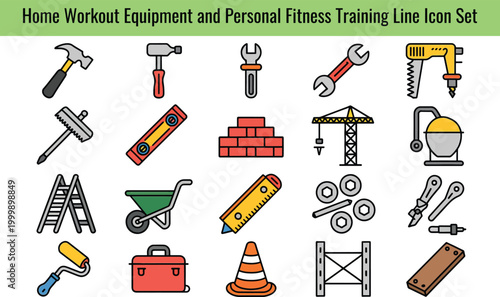 A collection of line icons depicting home workout and personal fitness training equipment for effective exercise routines