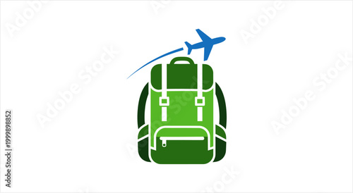 Green Backpack with Airplane Travel Icon.