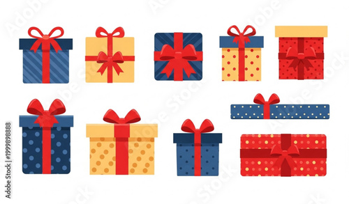 Cartoon gift box game reward vector set with glowing open presents ribbon surprise stars and bonus chest icons