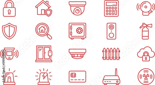 A comprehensive collection of red outline icons illustrating home security, business protection, safety, and surveillance elements.