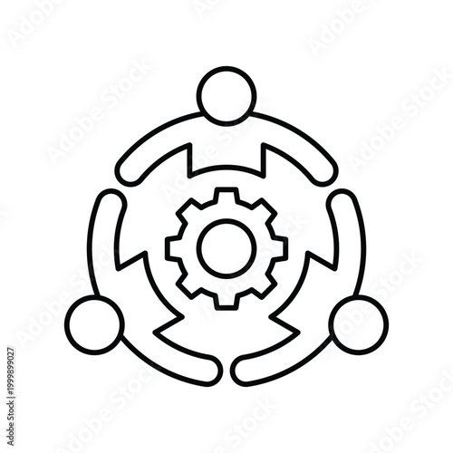 Business teamwork synergy with people in circle around gear for industrial process line icon