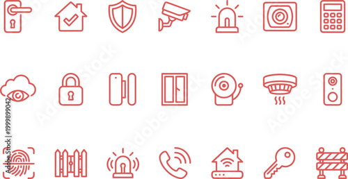 Modern red outline icons illustrating various home security, smart house, and digital safety system components.