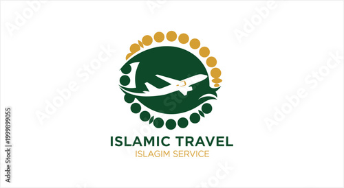 Islamic Travel Logo with Airplane and Prayer Beads.