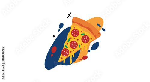 Delicious slice of hot pepperoni pizza with melted cheese and fresh herbs floating in an abstract artistic space.
