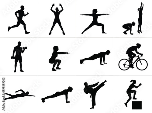 Vector illustration of fitness and sport activities, black silhouettes