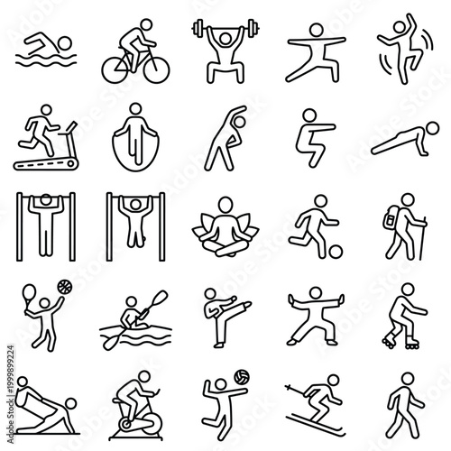 Vector illustration of sports and fitness activities outline icons set