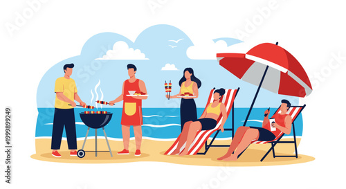 Diverse group of friends enjoying a fun barbecue party on a sandy beach with drinks, grilled food, and sun umbrellas.