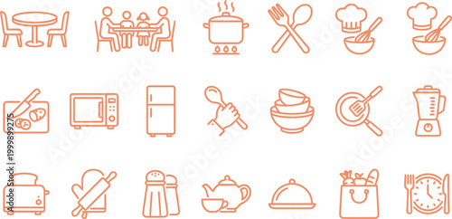 Collection of orange line art icons representing kitchenware and dining, perfect for food blogs and recipes