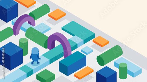 A small blue character walks on an isometric path made of colorful geometric shapes like cubes, cylinders, and arches, creating a puzzle-like scene.