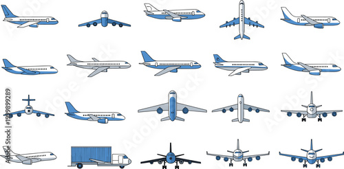 Airplane Icon Set with Passenger, Cargo, and Jet Planes in Various Designs and Blue Color for Transportation and Travel