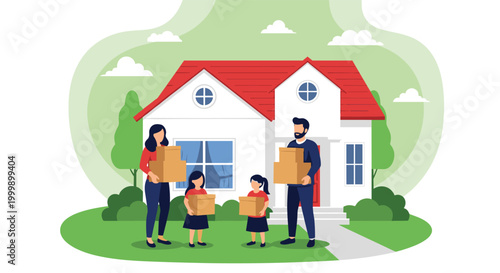Happy young family with children carries cardboard boxes while moving into their new suburban house on a sunny day with green lawn.