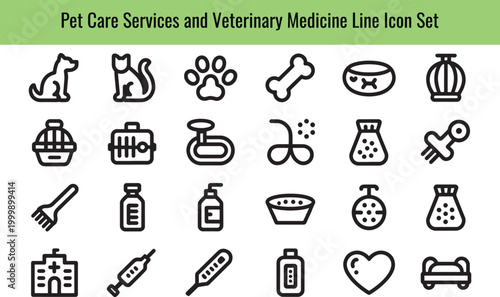 Collection of simple line icons representing pet care services and veterinary medicine items for effective communication