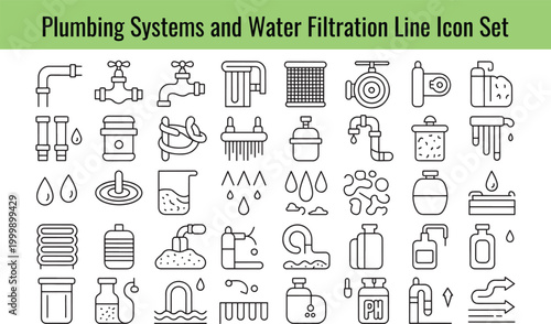 Collection of plumbing and water filtration icons featuring various symbols and designs for systems and equipment