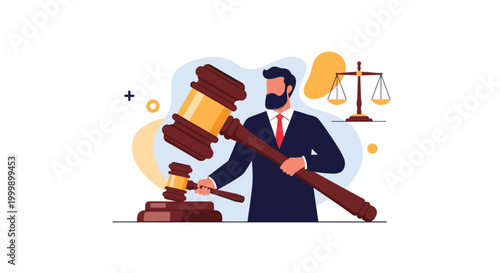 Professional lawyer or judge in a formal suit stands next to large wooden gavel and scales of justice symbolizing legal system authority.