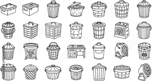 Household Waste Management  Storage Containers: Trash Cans, Recycling Bins, Composters, and Boxes - Black and White Line Art Icon Set