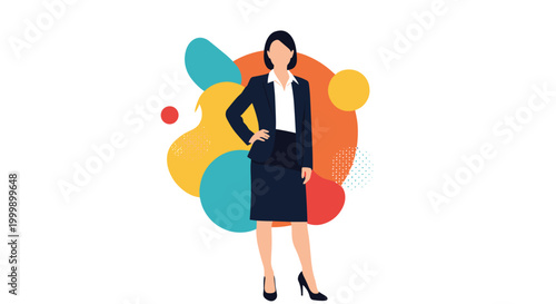 Confident businesswoman in a dark professional suit stands with her hand on hip against a background of colorful abstract shapes.
