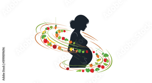 Silhouette of a pregnant woman surrounded by a swirling spiral of colorful fresh fruits and vegetables promoting healthy prenatal diet.