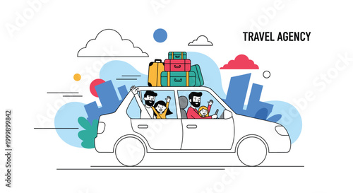 Excited family goes on a road trip in a car loaded with luggage on top with city buildings and travel agency sign in the background.