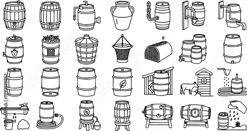 Agriculture, Food  Drink, and Water Storage Barrels Icons - Black and White Line Art Collection of Casks, Drums, and Containers