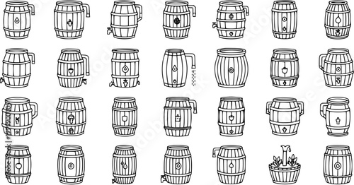 Beverage and Storage Barrels Black and White Line Art Icons. Outline Glyphs of Wooden Casks, Kegs, Wine, Beer, Water Barrels with Taps for Brewery, Distillery.