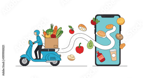 Fast grocery delivery service concept featuring a courier on a blue scooter with fresh food items emerging from a large smartphone.