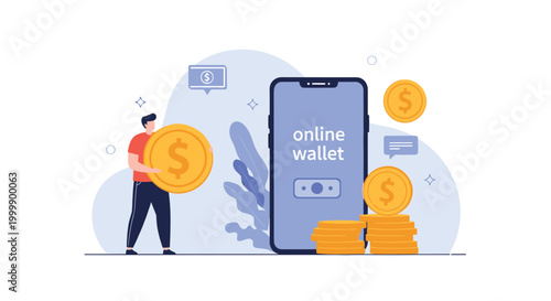 Financial technology concept showing a man carrying a large gold coin next to a smartphone screen displaying an online wallet app.
