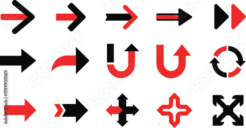 Collection of red and black arrow vector graphic icons for navigation and direction