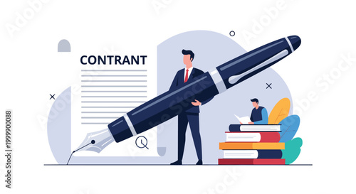 Large fountain pen rests on a legal contract titled contrant with a businessman and stacks of law books in the background.
