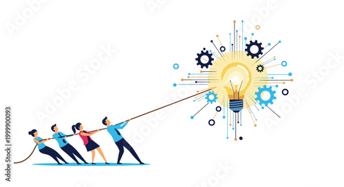 Dedicated team of professionals pull a heavy rope to illuminate a giant lightbulb with gears symbolizing creative problem solving.