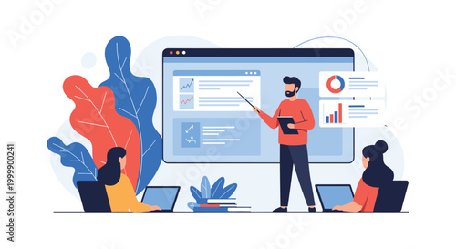 Professional male teacher or presenter uses a pointer to explain data on a large screen to students with laptops in a modern classroom.