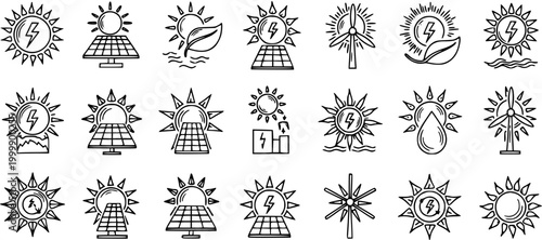 Renewable Energy Doodle Line Art Icons Set: Hand-drawn Black and White Symbols for Solar Power, Wind Turbines, Green Technology, and Sustainable Ecology