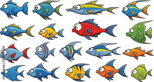 Collection of 20 cartoon fish in various colors and styles, isolated on white animal