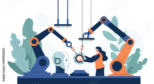 Industrial engineer working alongside advanced robotic arms in a modern factory setting with lush indoor plants.