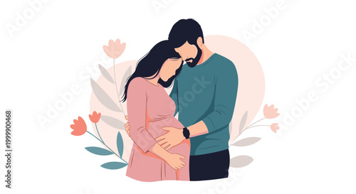 Loving couple expecting a baby standing together as man gently hugs his pregnant wife against a beautiful floral background.