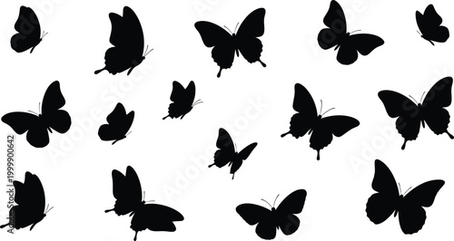 Collection of black butterfly silhouettes in various flying poses on white background