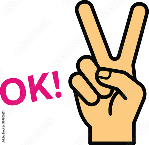 OK! text with hand showing peace gesture vector illustration