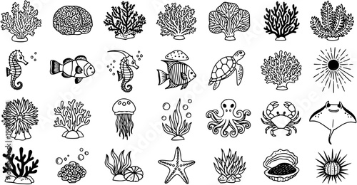 Underwater Marine Life Black  White Line Art Vector Set. Ocean Creatures, Coral Reefs, and Sea Plants Doodle Icons Collection.