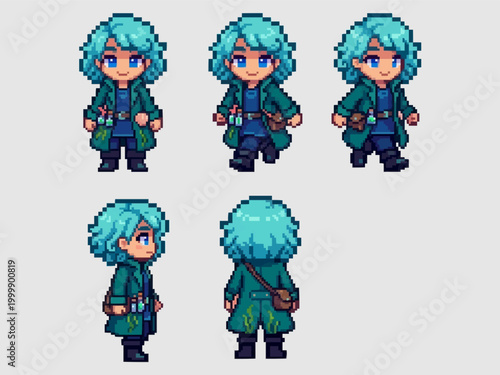 pixel art character spritesheet of a teal-haired alchemist in a green coat carrying potion bottles and a satchel bag.