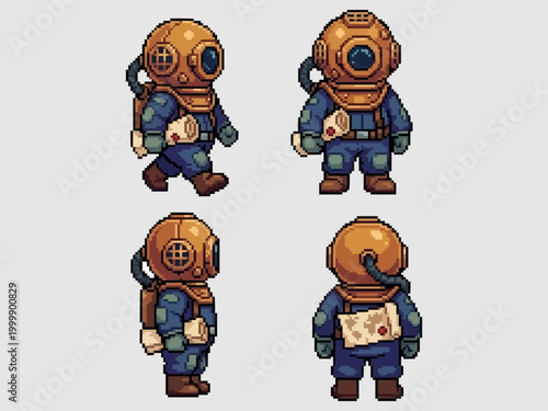 pixel art character spritesheet of a classic deep-sea diver in a copper pressure suit carrying a rolled treasure map.